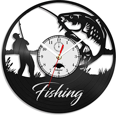 Viiluuxr Angelfans Uhr Schallplatte Startseite Fischer Yacht Dekor Display 12 ''Nicht tickend Stiller Quarz Nostalgische Uhr Angeln Themenorientierte Enthusias Geschenke. (FS A3 No LED)