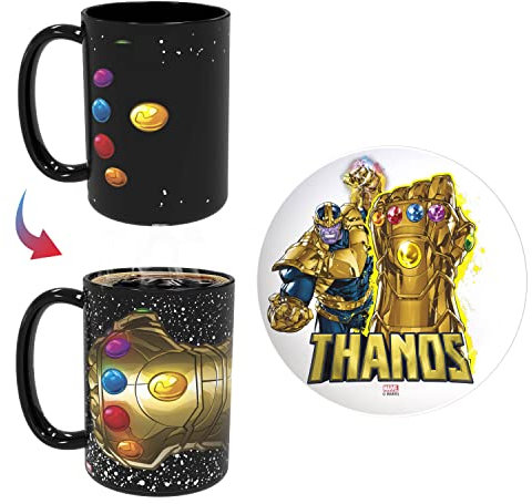 Zak Designs Marvel Keramik-Tasse und Teller mit Farbwechsel, für Kaffee, Tee, Frühstück oder Dessert, mit einzigartigem wärmereaktivem Kunstwerk (2-teilig, BPA-frei, Thanos)