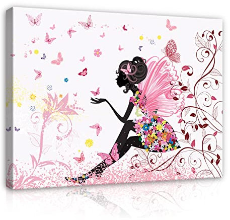 WallArena Leinwand Bilder Kinderzimmer Mädchen Fee Schmetterlinge - 120x80 cm Leinwandbilder Bild auf leinwand Wandbild XXL groß Wandbilder für Wohnzimmer Schlafzimmer Wohnzimmerbilder Modern