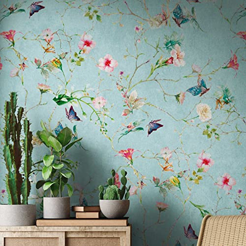 TADESSI | Fototapete | Vliestapete | Digitaldruck im Landhaus Stil | Türkis | 1.59 x 2.80 m | Blumen | Tapete für Wohnzimmer - Flur - Büro - Küche - Wohnräume