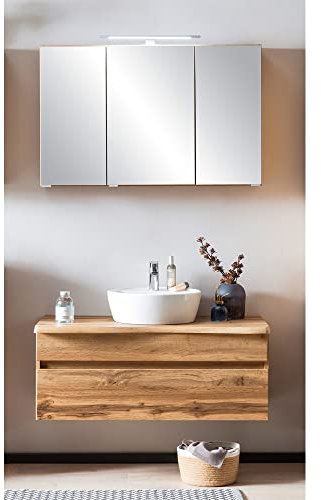 Lomadox Waschtisch Set in Wotan Eiche Nb. mit Abdeckplatte in Baumkanten Optik und LED Beleuchtung, B/H/T: ca. 101/200/52 cm