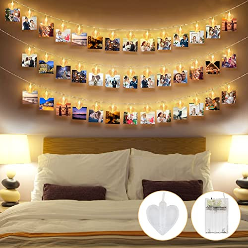 XiXiRan Guirlande LED pour Accrocher Photo, Accroche Photo Mural Sans Percer, 3M 20 LED Guirlande Photo Lumineuse pour Decoration Interieur Chambre,Mariage,Anniversaire,Saint Valentin, Blanc Chaud