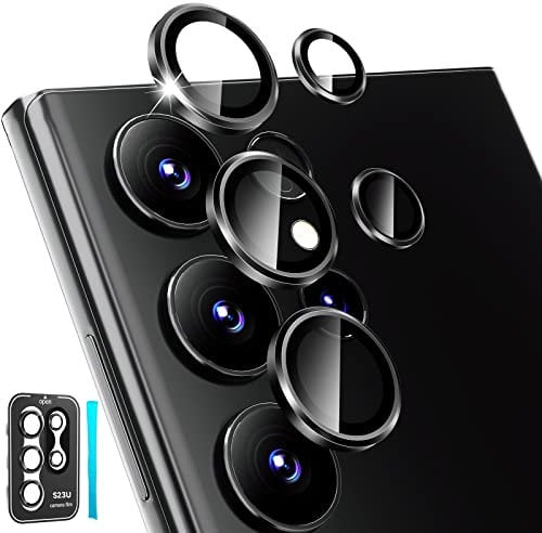 CloudValley [3+2Pcs for Samsung Galaxy S23 Ultra Camera Lens Protector, 9H Tempered Glass + Aluminum Alloy Metal Individual Lens Screen Ring, Phantom Black