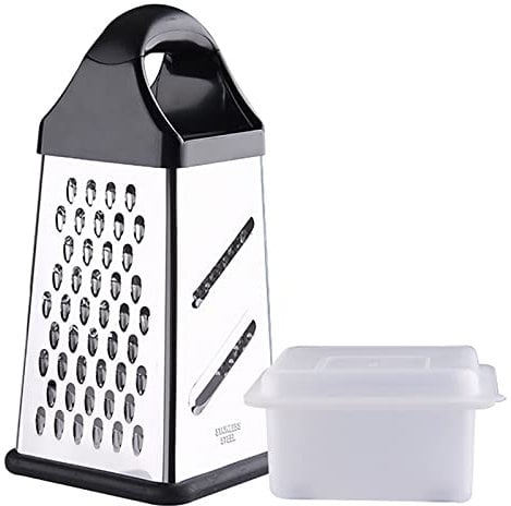 JOSBY Cheese Grater, Stainless Steel Box Grater, 4-Sided Spice Graters with Handle, Slice, Shred, Grate Vegetables, Ginger, Potatoes, Handheld Food Shredder, Zester, Includes Container