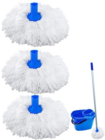 Microfibre Mop Head Floor Mop for Floor Cleaning - Cleaning Mops for Hard Floors Hardwood Laminate Tiles Floors, Wet Mop Dust Mops with 3 Washable Replacement White Mop Heads White Blue Colour Code