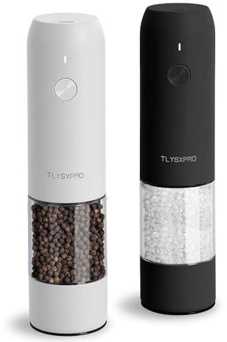 TLYSXPRO Electric Salt and Pepper Grinder Set, USB Rechargeable, Automatic Salt and Pepper Mill Grinder with Adjustable Coarseness, Electric Salt Shakers, LED Light, Refillable (2 Packs, Black&White)