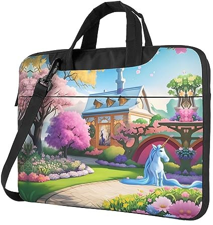 Einhorn-Laptoptasche, Märchenmotiv, leicht, mehrlagiges Design, perfekter Schutz für Ihren Computer, Reißverschluss-Design, stoßfestes Innenfutter, 35,6 cm (14 Zoll), Schwarz , 14 inch