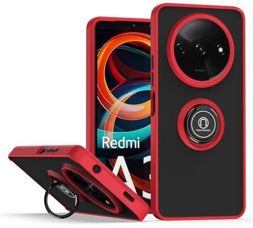 SEAHAI Case for Xiaomi Redmi A3, Ultra Thin Hard Translucent PC Matte Back Soft TPU Silicone Dual Layer Hybrid Shockproof Cover, with Ring Holder Kickstand, Red