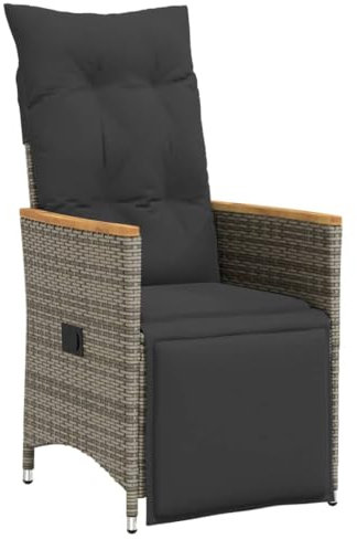 vidaXL Gartensessel Verstellbar mit Kissen, Gartenstuhl mit Stahlrahmen, Loungesessel für Außenbereich, Relaxsessel, Grau Poly Rattan