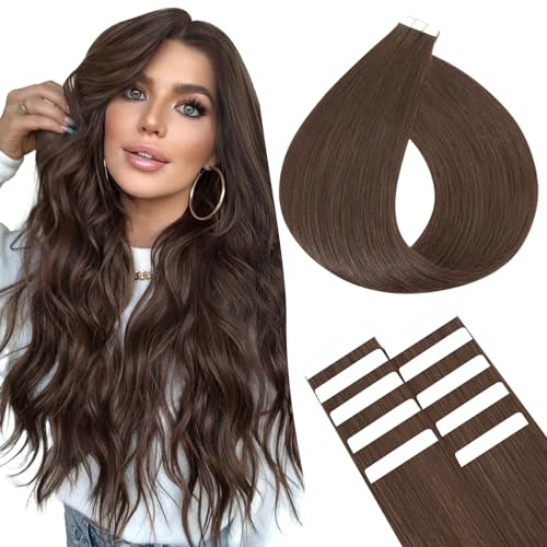 SEGOHAIR 10 Stück Tape Extensions Echthaar, 14 Dünne Tapes Klebestreifen Extensions, Menschliche Tape Kleber Extensions mit 5 Stück Ersatzband Dunkelbraun(15g)