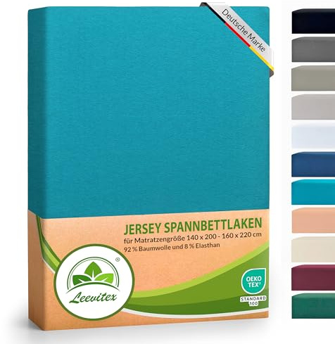 leevitex® Luxus Elasthan Jersey Spannbettlaken | 140x200 – 160x220 cm | Multistretch | 250 g/m² | 92% Mako-Baumwolle und 8% Elasthan | 40cm Steghöhe | außergewöhnlich hochwertige Ausführung | Petrol