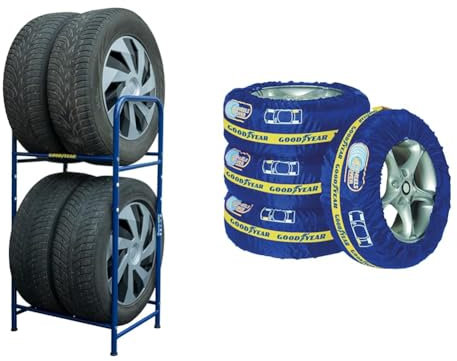 Goodyear Reifenregal für 4 Reifen, platzsparende Aufbewahrung, höhenverstellbar, 2 Ebenen, Tragkraft bis zu 120 kg & 75526 Reifenabdeckung, 4er-Set