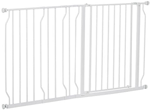 PawHut Cancelletto di Sicurezza per Cani Estensibile 75-145 cm e Regolabile per Scale e Porte, Cancellino per Cani Alto 76 cm in Acciaio e ABS, Bianco