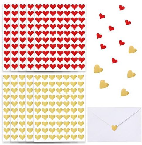 Yeomju 10 Stück 700 PCS Herz Sticker Hochzeit Glitzer Aufkleber Selbstklebend Herzform Sticker Herzen Herz-Aufkleber für Geschenke, Siegel, Basteln und Scrapbooking(Gold&Rot)