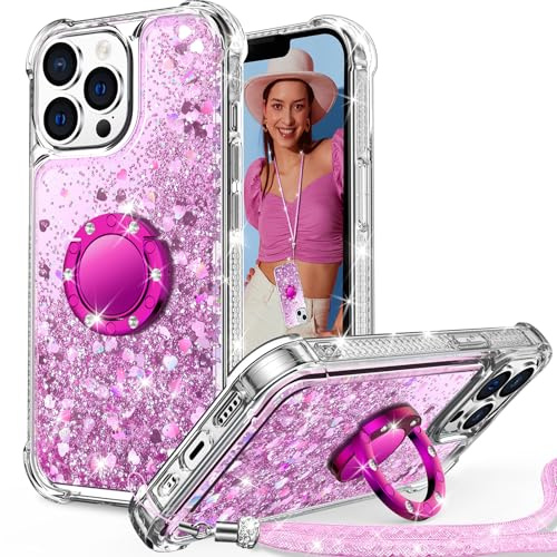 Unlicaku Glitter Case for iPhone 13 Pro Max, Ring Stand & Lanyard, Pink | Bling Sparkle Diamond Protective Phone Cover for Women Girls