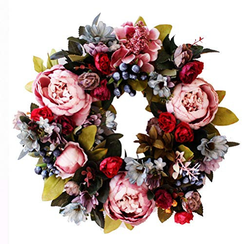 Spring Peony Wreath, Handcraft Peony Wreath Artificial Rose Garland Wreath for Home Decor, Christmas Wedding Party (Assorted Color)