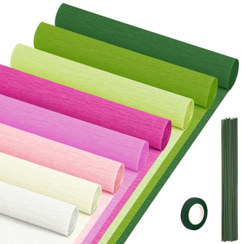 Crepe Paper Streamers 8 Rolls, 10 x 98Inch 8 Pink&Green Colors Crepe Paper Sheets for DIY Gift Colourful Paper Flower Wrapping Paper Crafts Birthday Wedding Holiday Party Decorations