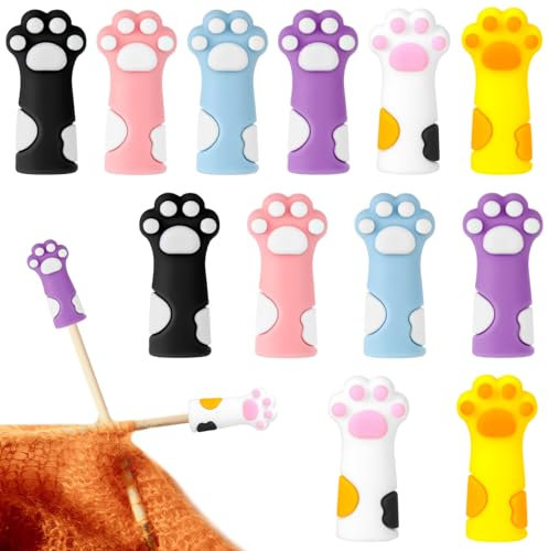 12 Stück Maschenstopper für Stricknadeln Schutz Nadelspitzenschutz Katzenpfoten Punktschutz Niedliche Stricknadel Stopper aus Weichem Silikon Stricknadelkappen für Häkeln Stricken DIY Zubehör