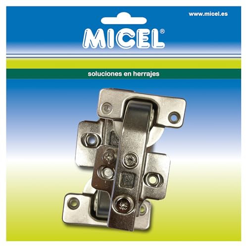 MICEL - 92183 - Bisagra de Cazoleta, Rinconera 90º, Instalación para Muebles, 2 unidades, Incliuye Pistón, Tornillos y Base de Triple Regulación, en Acero, acabado Zincado, 90,4 x 62 x 36,5 mm