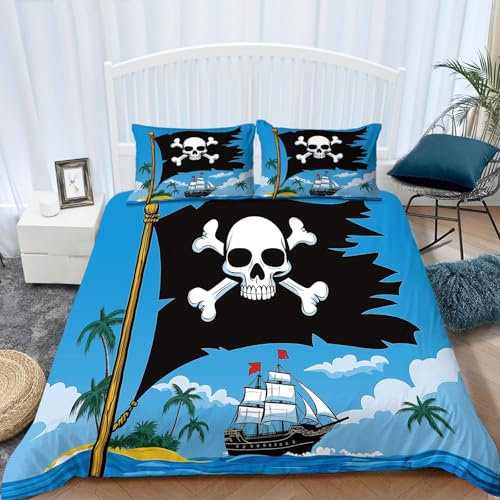 Generisch Brushed Mikrofaser Bettwäsche Cartoon Pirat Flagge Muster flauschigem weich, 135 x 200 cm Größe für Erwachsene Jugendliche Kinder Schwarz Blau Pflegeleichtes Hotel Steppdeckenbezüge