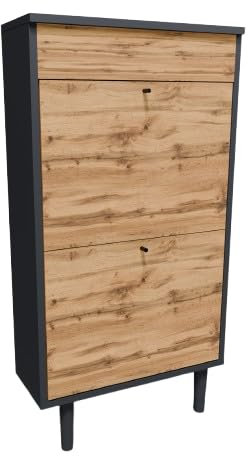 MATKAM Dotti 521 Schuhschrank in moderner Skandi-Optik| Ausklappbare Schuhablage, zusätzlicher Stauraum mit Einer Klapptür | Mit Zwei verjüngenden Beinen, Wandmontage (Anthrazit Grau-Wotan Eiche)