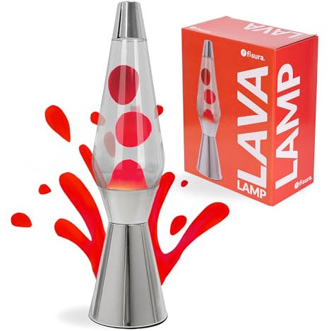 Fisura - Rote Lavalampe mit verchromtem Sockel, roter Lava und klarem Flüssigkeit. Retro-Design mit Ersatzbirne, perfekt für eine besondere Atmosphäre. Maße: 11,5 cm x 11,5 cm x 40 cm.