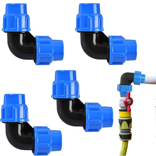AONAYO 4 Stück PeRohr 25mm,Wasserleitung Kunststoff,PeRohr Verschraubung,Gardena Verbinder 25mm,Winkel 90° PeRohr Verbinder,Wasserrohr,Für Innen- Und Außeninstallationen Pe80 Pe00 Rohren
