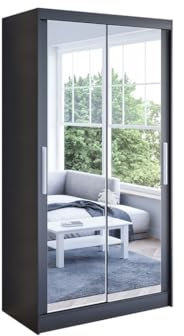 K7 Armario de 100 cm con puertas correderas negras de 100 x 200 x 58 cm con espejo - Muebles de dormitorio, almacenamiento - Armario multiusos