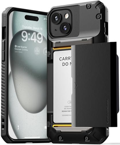 VRS DESIGN Damda Glide Pro Handyhülle für das iPhone 15 Plus, robuste Semi-Auto-Kartenhülle für bis zu 4 Karten, kompatibel mit iPhone 15 Plus (2023), Schwarz (Logo Black)