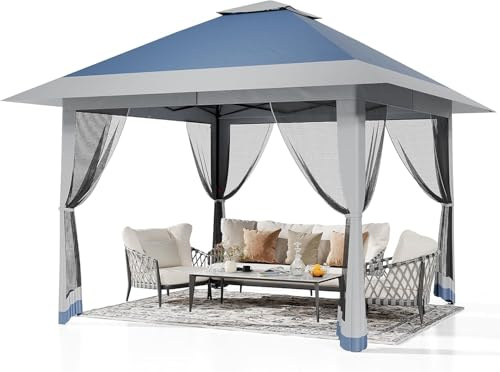 Garvee Abri de jardin pop-up de 3 x 4 m avec moustiquaire, tonnelle d'extérieur pour mobilier d'arrière-cour et de terrasse – Tente pop-up avec sac de protection STO-N-Go à roulettes (bleu marine +