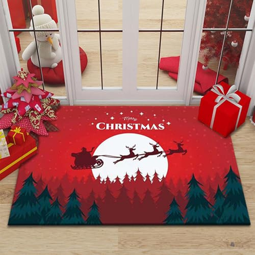 Gleemix Fußmatte Weihnachten Weihnachtsmann Rentier, Türmatte rutschfest Waschbar, Weihnachts Fussmatte Innen und Außen, Rote Weihnachts Fußmatte Winter, 50x80 cm