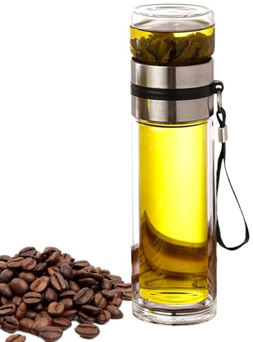Glass Infuser Bottle – Insulated Portable Tea Cup, Secure Spill Proof Lid, Fine Mesh Metal Filter Strong Water Separation Chamber | Fresh Brew for Men Women Travel Work Gym Home Loose Leaf Lover