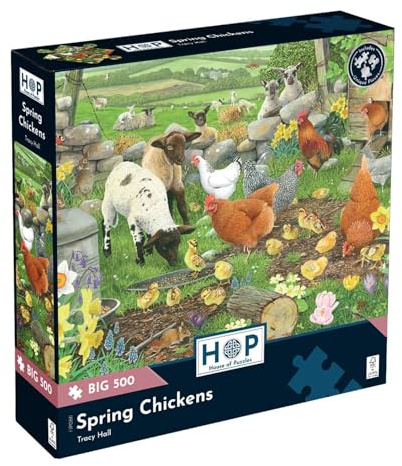 The House of Puzzles Spring Chickens, Big 500 Piece Jigsaw | Farm Theme, Art by Tracy Hall, 19 x 27 Inches, Deluxe Puzzle Gift for Adults