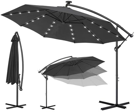 Ferzone Parasol Déporté Ø 3m avec LED Solaire & Manivelle, Parasol de Jardin Exterieur Anti-UV & résistant au vent, Sun umbrella Rotatif à 360 ° pour Marché Balcon Terrasse Piscine (Gris Noir)