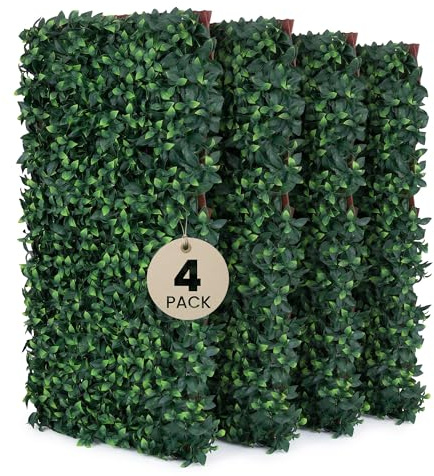 4 Expanding Trellis With Artificial Leaves 35x71 In (90x180 cm) - Garden Privacy Screen & Outdoor Decor, Ficus Leaf Artificial Hedge Screening Panel for Balcony, Terrace, and Wall