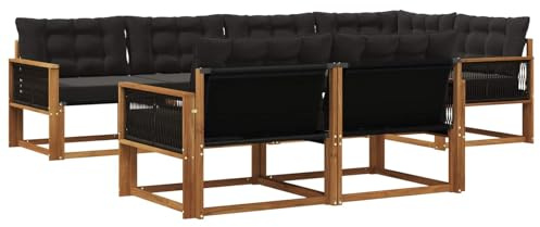 vidaXL Outdoor-Sofagarnitur mit Kissen 7 pcs Natürlich und Schwarz, Garten-Sofa, modernes Outdoor-Möbel, strapazierfähige Lounge, Sitzgruppe für Terrasse und Komfort