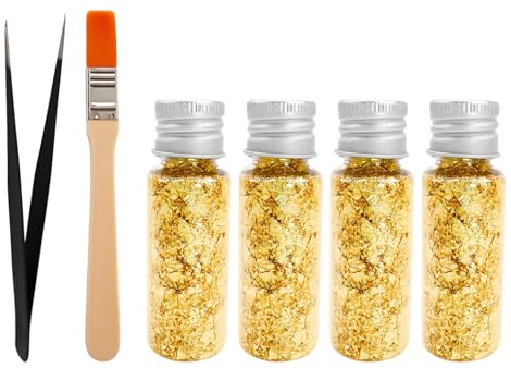 6 Set bestehend aus Blattgold, Pinzette und Pinsel, Luxus Tortendeko essbar, Tortendeko Hochzeit essbar, Blattgold für Kuchen, Cupcakes, und Tortendekoration, Vielseitig und einfach zu bedienen