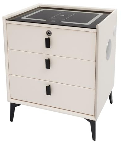 Smart Bedside Table with Fingerprint Lock & Wireless Charger, 3 Drawer | Nightstand with USB, Bluetooth Speaker & 3-Color Night Light, Solid Wood & Glass Build, for Bedrooms, living room, office