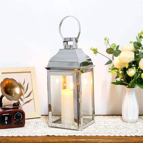 JHY DESIGN Dekorative Laternen, 31,8 cm hoch, Edelstahl-Kerzenlaternen mit gehärtetem Glas, für Veranstaltungen im Innen- und Außenbereich, Vintage-Stil, Hängelampen