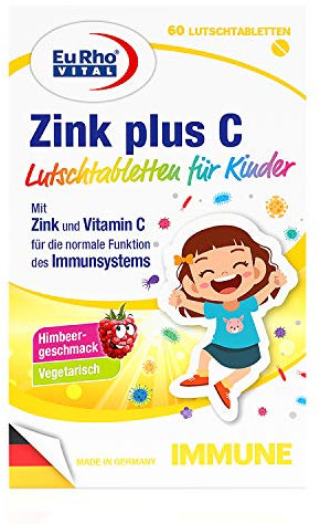 Zink und Vitamin C Lutschtabletten für Kinder | Vegetarische Nahrungsergänzung zur Unterstützung des Immunsystems | Optimal für Kinder ab 4 Jahren | EuRho® Vital – Made in Germany | 60 Tabletten