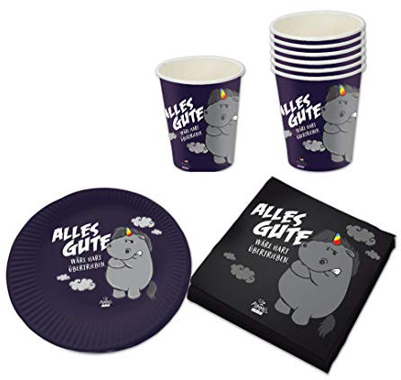 KarnevalsTeufel Partygeschirr Grummel Einhorn Pummel & Friends Teller Servietten Becher aus Pappe mit lustigem Spruch ideal für Geburtstage (Set)