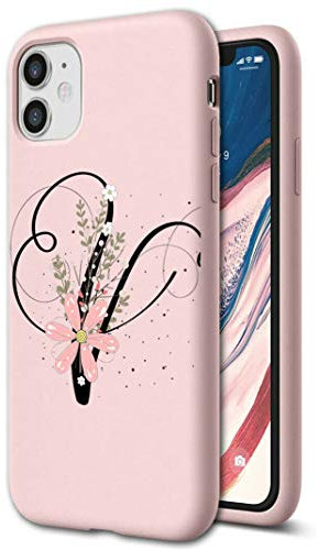 Mixroom - Coque en silicone TPU rose pour iPhone 7 Lettres initiales V avec fleurs