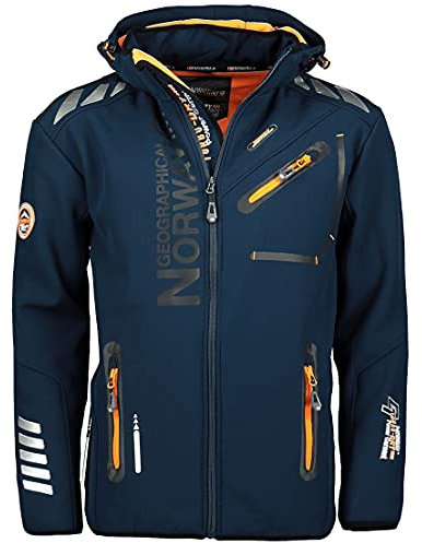 Geographical Norway ROYAUTE MEN - Veste Softshell Homme Impermeable - Manteau À Capuche Outdoor - Blouson Coupe Vent Tactique Resistant Hiver - Activites En Exterieur (Marine/Orange XL)