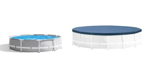 Intex Prism Rondo Frame Pool Set - Ø 305 x 76 cm, Hellgrau & Runde Abdeckplane - Ø 305 cm - Für Metal und Prism Frame
