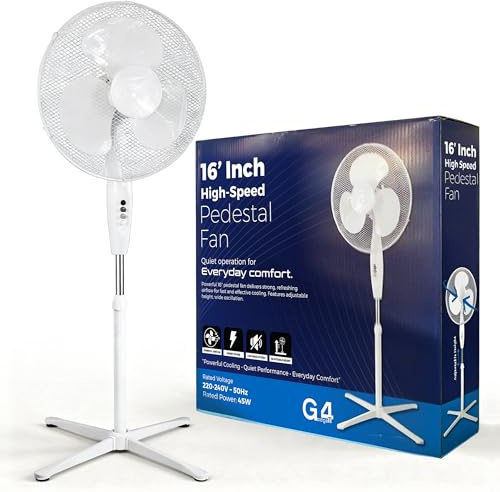 G4GADGET 16 Inch Pedestal Fan with Oscillation, 45W Adjustable Height Standing Fan, 3 Speed Quiet Electric Cooling Fan for Bedroom, Home & Office, White
