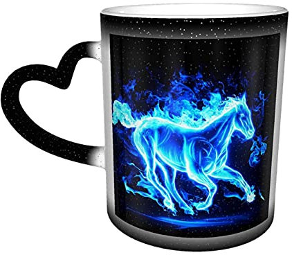 Oaieltj Mug à changement de chaleur, motif cheval au galop de feu bleu, personnalisable et sensible à la chaleur