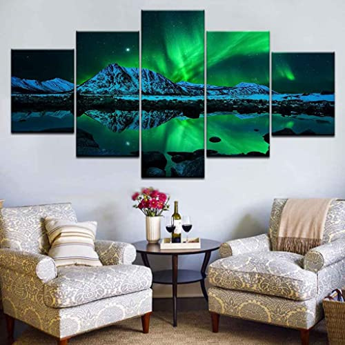 JBUTXE Leinwand Bilder Blaugrünes Polarlicht Leinwandbild, auf Leinwand Gedrucktes Kunstwerk 5-teilig, Foto auf Leinwand für Wanddekoration Design Wohnzimmer Wohnkultur (Kein Rahmen) 200x100cm (B x H)