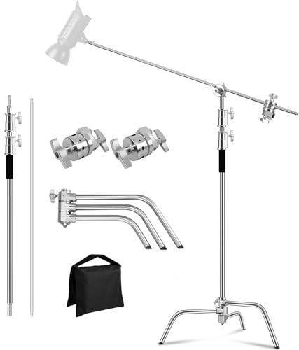 MSKIRA Stainless Steel C Stand with Boom Arm Max Height 10.8ft/330cm, Heavy Duty Photography Light Stand with 4.2ft/128cm Holding Arm 2 Grip Head Sand Bag for Photo Studio Video Softboxes