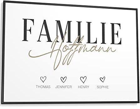 Papierschmiede® Bild Familie Personalisiert mit Namen und Herzen, DIN A2 (59,4x42 cm) Rahmen wählbar, personalisierte Geschenke zum Einzug Hausbau Wohnung Einzugsgeschenk Flur Bilder