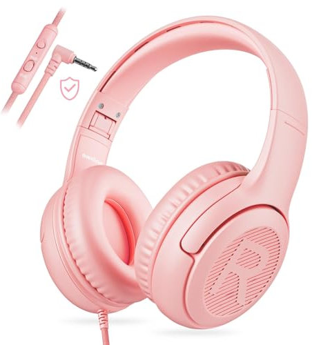 awatrue Kids Headphones with Microphone, Wired earphones for Kids 85/94dB Safe Volume Limit, Foldable Over Ear Headphone, Boys Girls Childrens Headphones for School/Travel/Fire Tablet, Pink